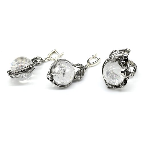 Комплект бижутерии Радуга Камня: серьги, кольцо, горный хрусталь, размер кольца 18, белый, бесцветный