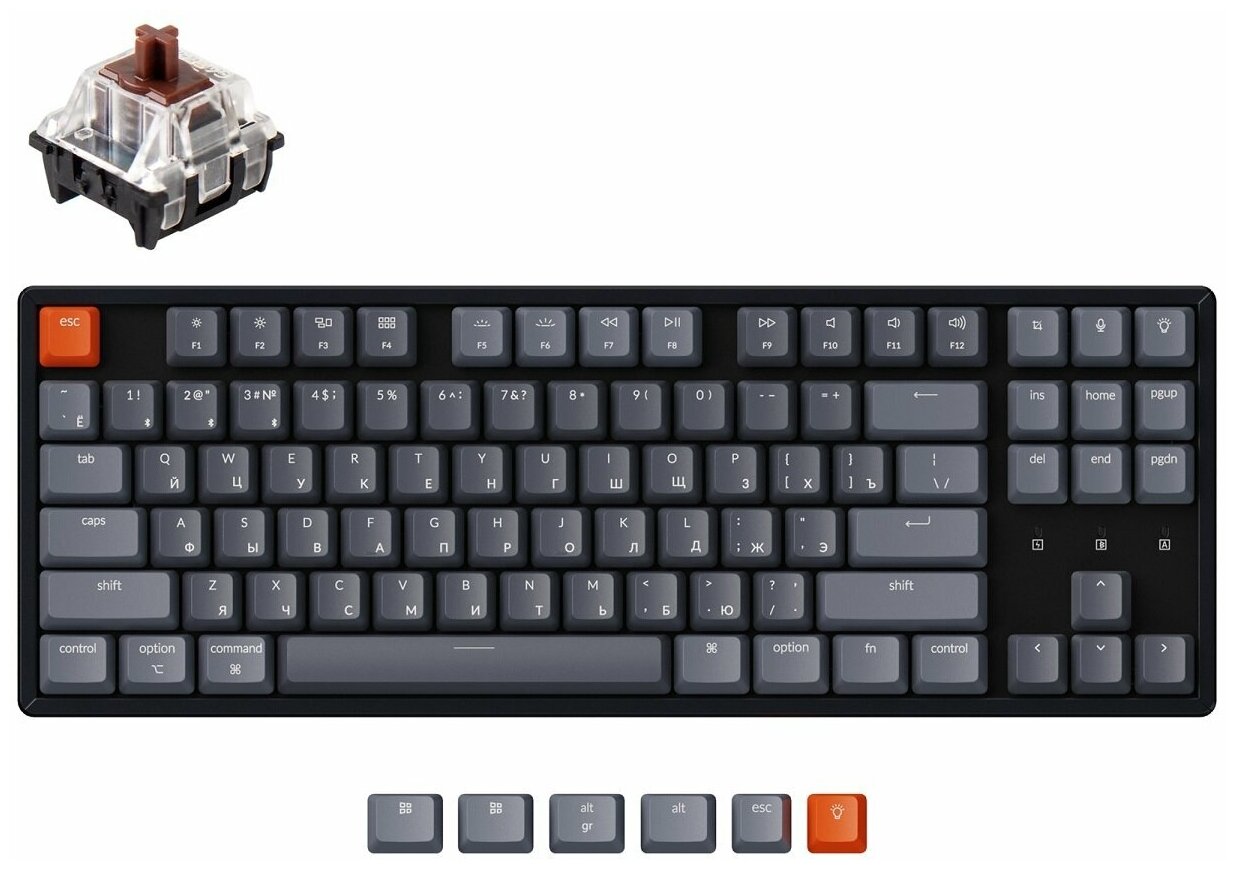 Клавиатура Wireless Keychron TKL, алюминиевый корпус, white LED подсветка, Gateron brown switch, серая - фото №1