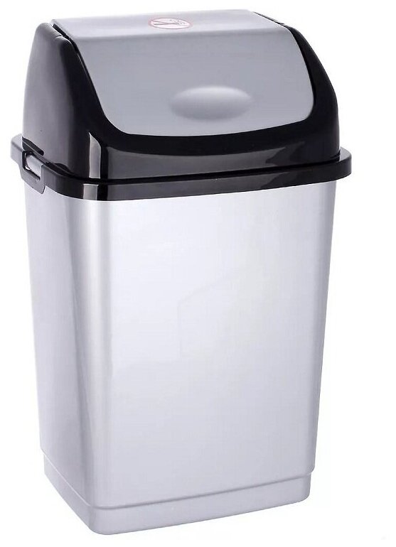 Ведро для мусора с подвижной крышкой (8л) серебристый с черной крышкой - фотография № 1