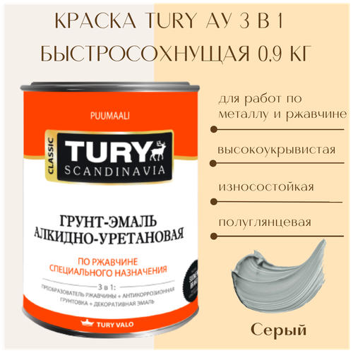 Грунт-эмаль 3 в 1 TURY по металлу и ржавчине Алкидно-уретановая атмосферостойкая полуглянцевая серая (RAL 7040), 0,9 кг