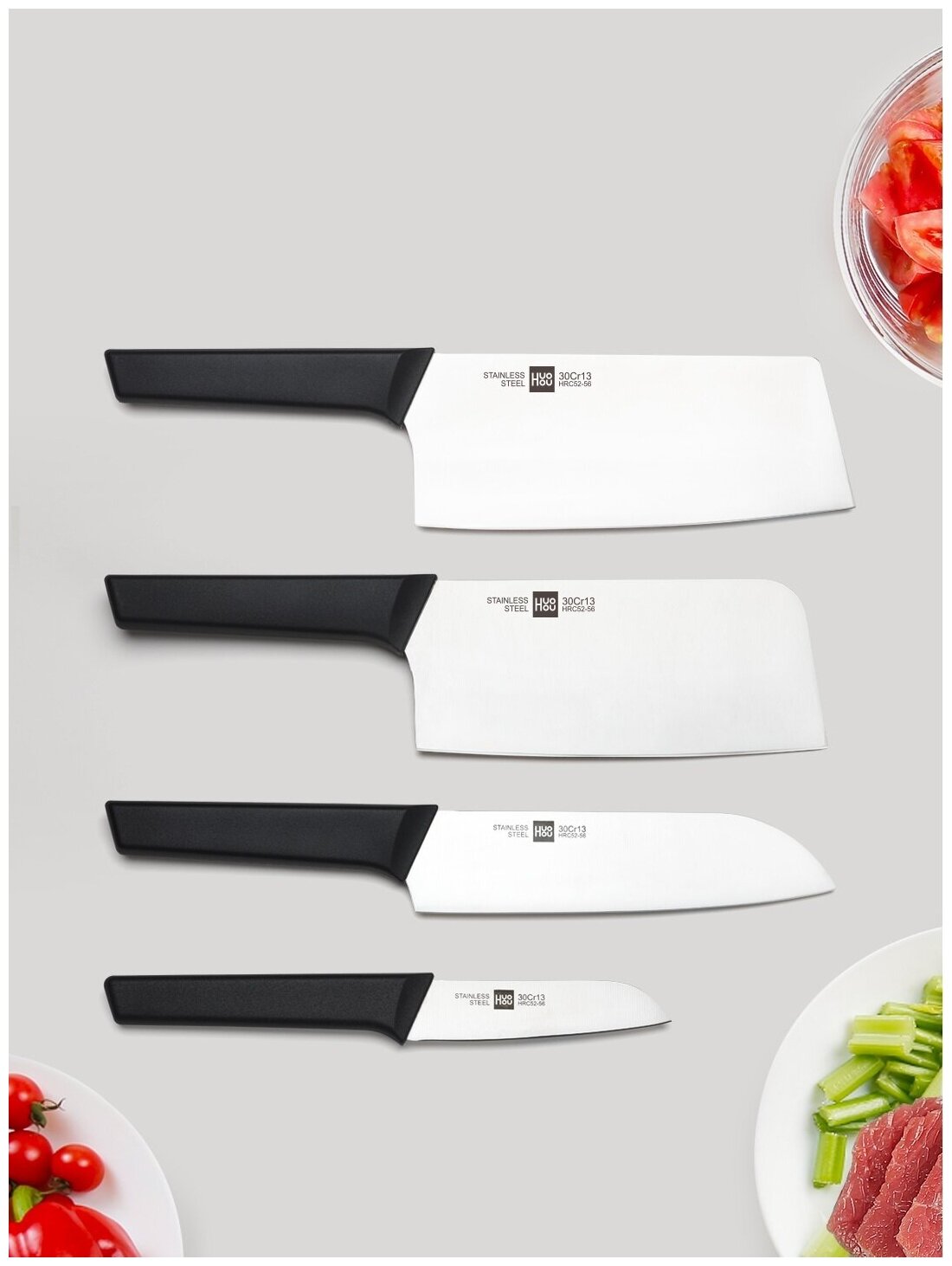 Набор стальных ножей (4 ножа + ножницы + деревянная подставка из бука) HuoHou 6-Piece Kitchen Knife Set Lite (HU0057), русская версия!!!, черный - фотография № 7