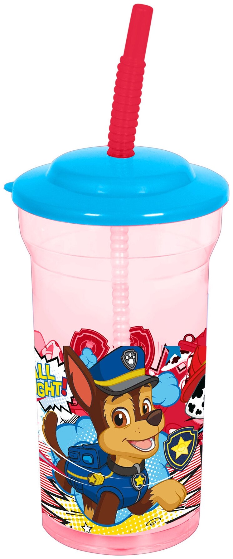 фото Стакан пластиковый с соломинкой и крышкой (прозрачный, 460 мл). Щенячий патруль. Веселый