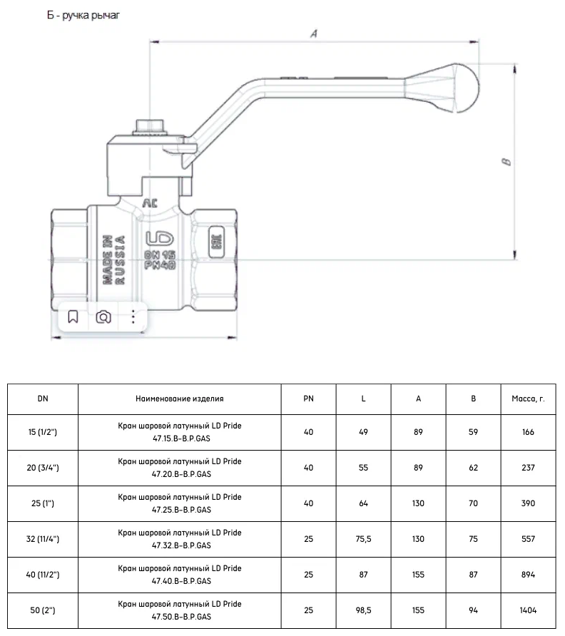LD Pride кран лат.шаровый газ ДУ15 вн/вн рычаг (47.15.В-В.Р) - фотография № 10