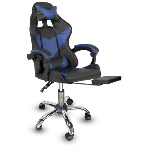 Игровое кресло компьютерное с подставкой под ноги (на хромированном основании, чёрный с синим)