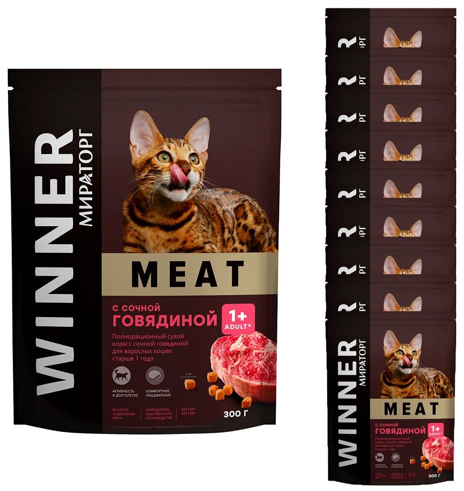 Полнорационный сухой корм WINNER MEAT с сочной говядиной для взрослых кошек старше 1 года 300 г - фотография № 2