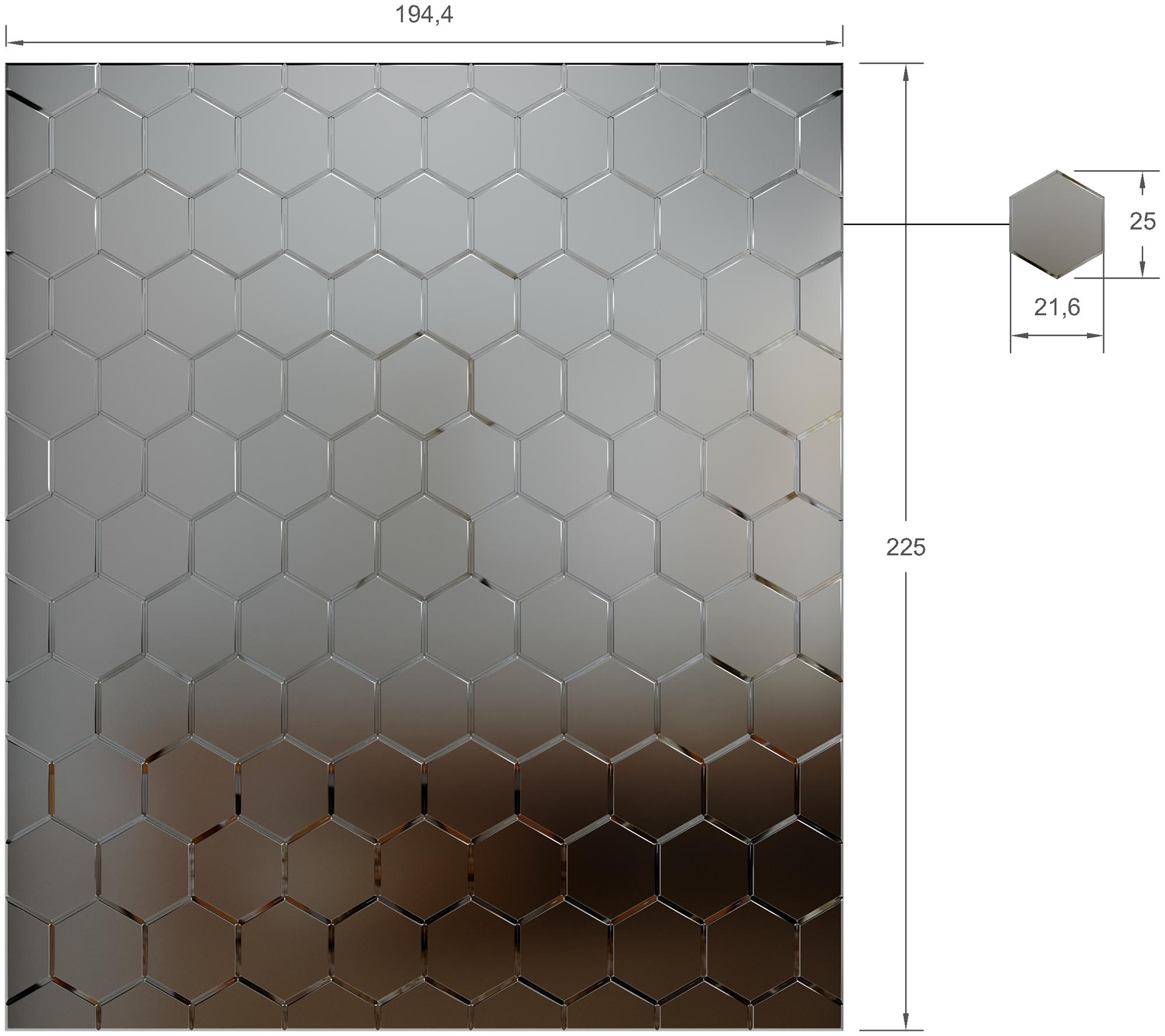 Зеркальная плитка ДСТ, панно на стену 194.4х225 см., цвет графит матовый, форма сота 25х21.6 см. - фотография № 12