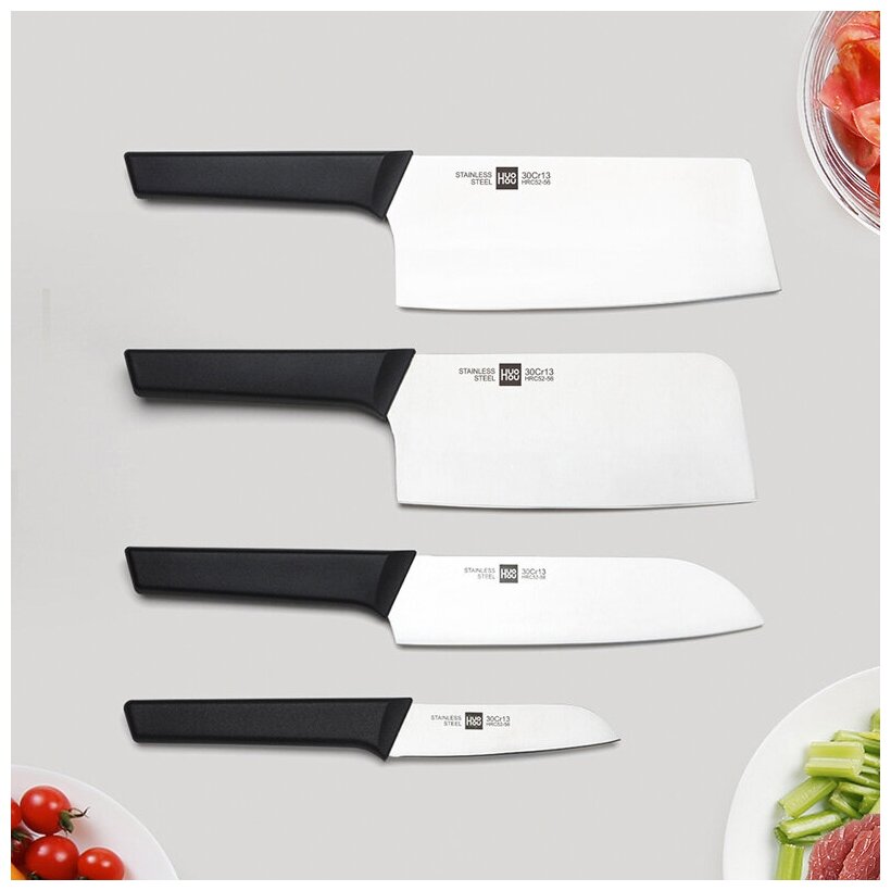 Набор стальных ножей (4 ножа + ножницы + деревянная подставка из сосны) HuoHou 6-Piece Kitchen Knife Set Lite (HU0058), русская версия, черный