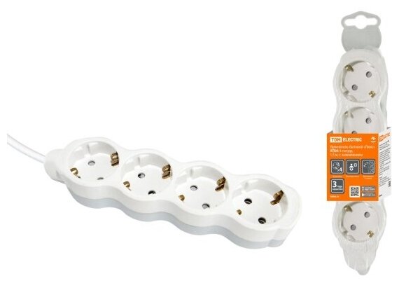 Удлинитель Tdm Electric "Люкс" УЛ04 4 гнезда, 1,5м, с/з, с з/ш, ПВС 3х1мм2 16А/250В, бело-серый, SQ1303-0235