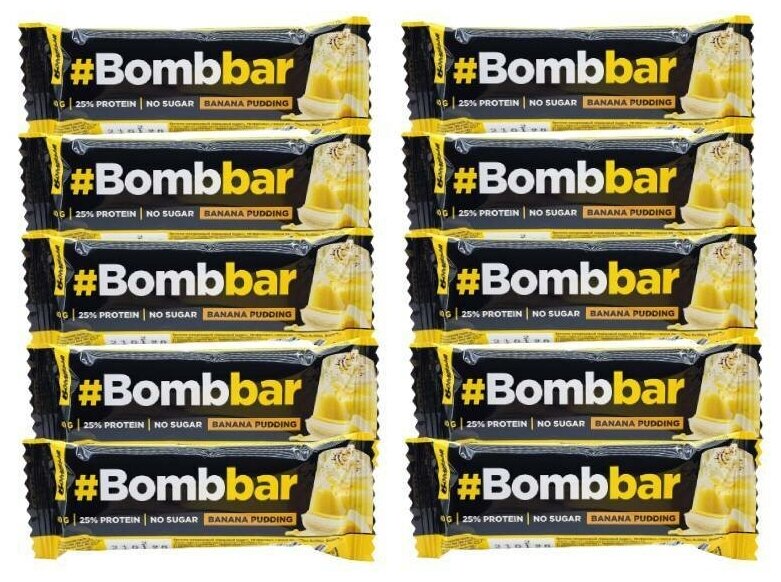 Bombbar Протеиновый батончик в шоколаде без сахара, набор 10x40г (банановый пудинг) / Бомбар protein bar состав польза для похудения