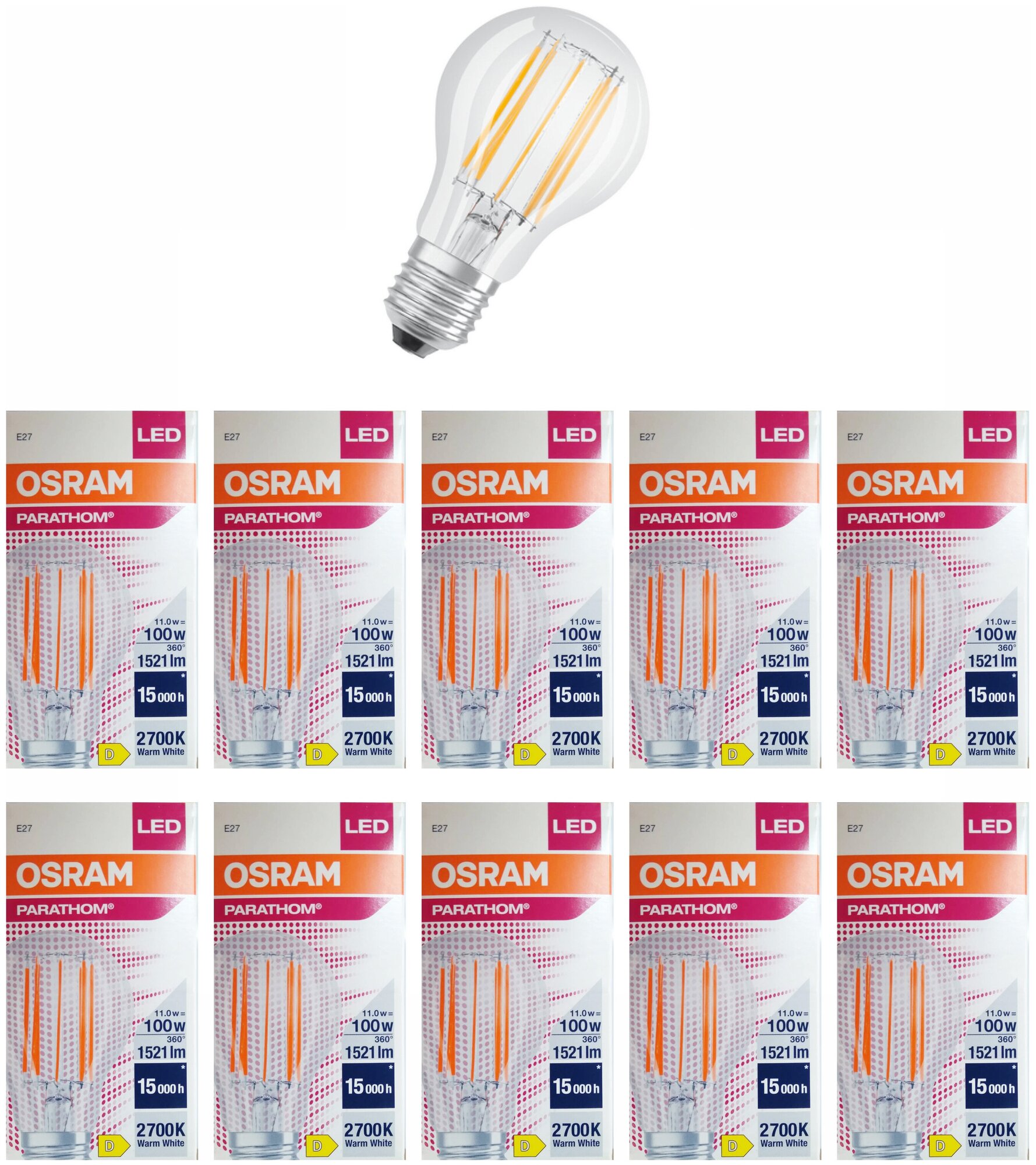 Лампочка светодиодная OSRAM Груша A E27 11Вт 220В 2700К Теплый белый Филаментная, упаковка 10шт