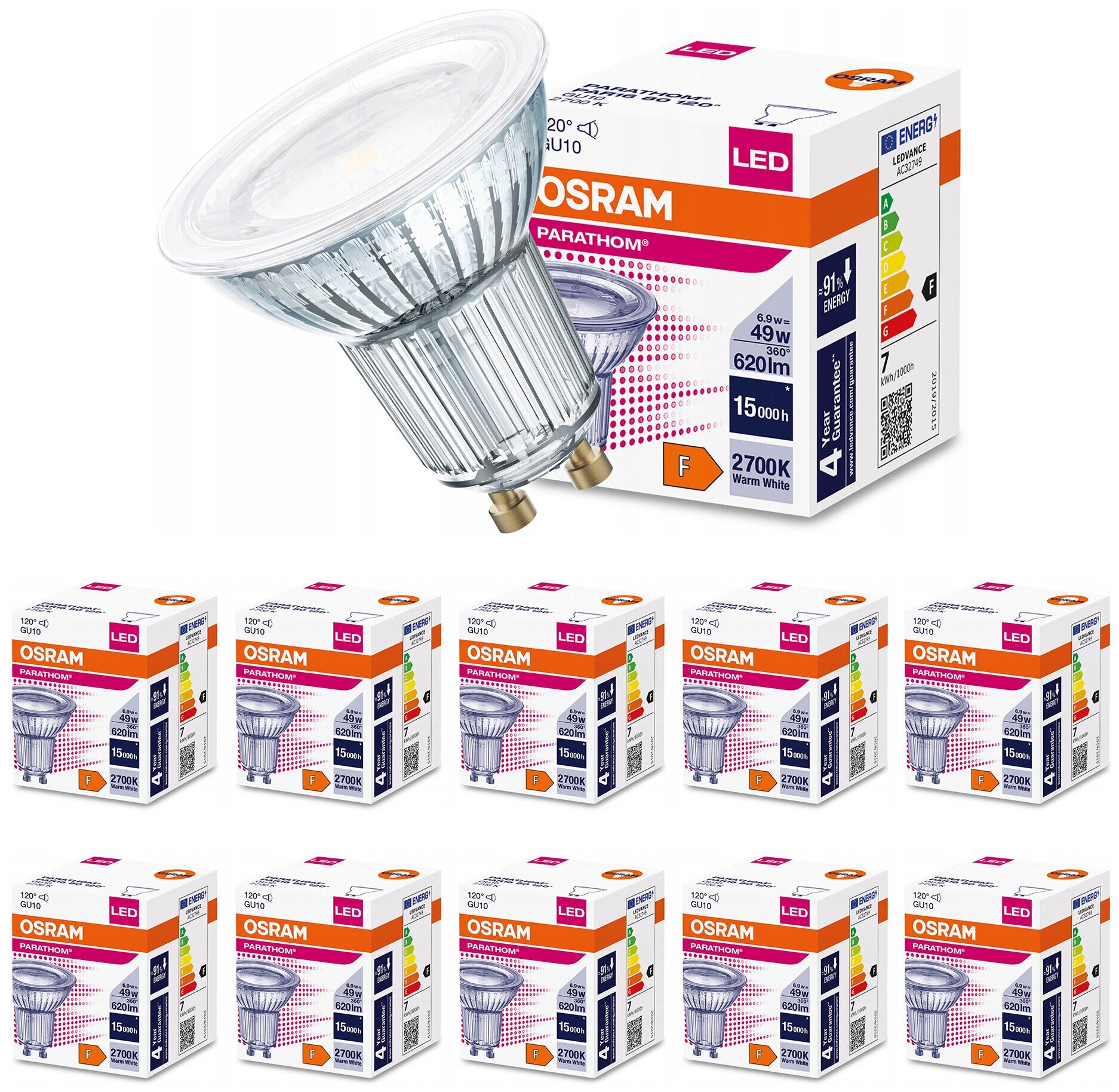 Лампочка светодиодная OSRAM Софит PAR16 GU10 6,9Вт 220В 620Лм 2700К Теплый белый, упаковка 10шт