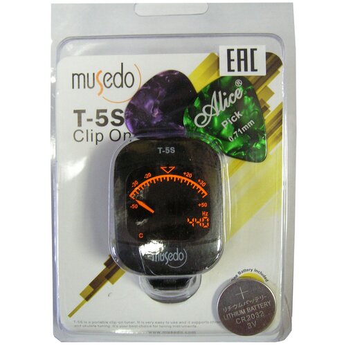 Тюнер цифровой двухцветный Musedo T-5S, для настройки гитар, скрипок, укулеле в комплекте с 2 медиаторами (батарейка в комплекте) тюнер musedo t 5s цифровой на прищепке черный оранжевая подсветка