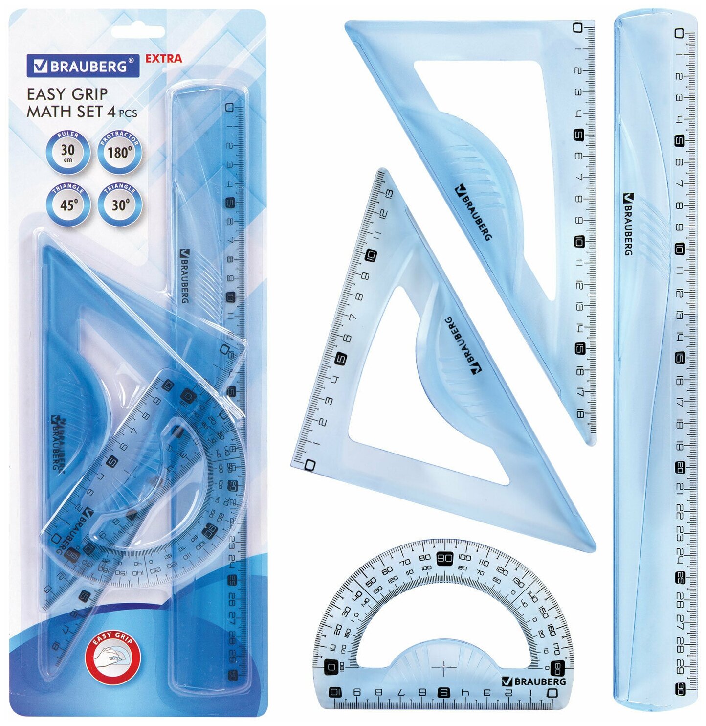 Набор чертежный BRAUBERG "EXTRA" (линейка 30 см, 2 угольника, транспортир), тонированный голубой, 210747 В комплекте: 1шт.