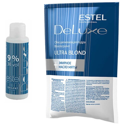 обесцвечивающая пудра для волос estel ultra blond 30 г ESTEL Пудра DE LUXE для обесцвечивания волос Ultra Blond 30 г / Осветляющий порошок + оксид (окислитель) DE LUXE 9%, 60 мл.