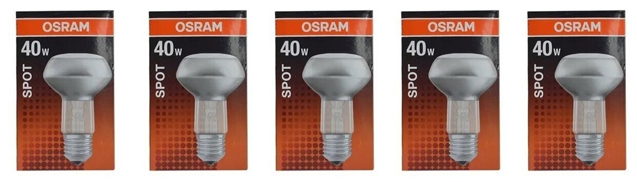 Лампочка накаливания OSRAM Рефлектор Гриб R63 E27 40Вт 220В 2700К Теплый белый Диммируемая упаковка 5шт