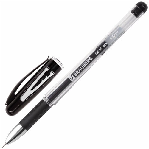 Ручка гелевая с грипом BRAUBERG Geller, черная, игольчатый узел 0,5 мм, линия письма 0,35 мм, 141180, 12 штук, 141180
