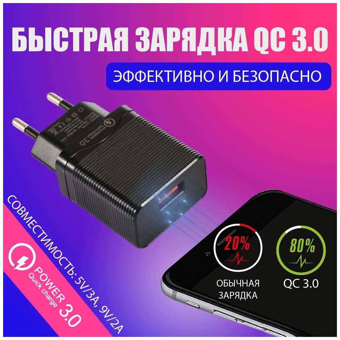 Зарядное устройство для телефона, зарядка для iphone, быстрая зарядка, QC 3.0, цвет черный