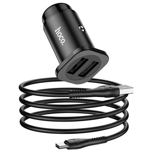 Автомобильное зарядное устройство HOCO NZ4 Wise, 2*USB + Кабель USB-Type-C, 2.4A, черный автомобильное зарядное устройство hoco nz4 wise 2 usb кабель usb micro 2 4a черный