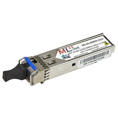 модуль mlaxlink оптический одноволоконный sfp wdm 10гбит с 20км 1330 1270нм lc ddm Модуль MlaxLink оптический одноволоконный SFP WDM, 1.25Гб/с, 20км, 1310/1550нм, LC, DDM