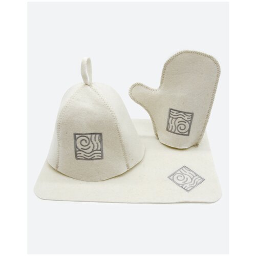 Набор фирменный для бани и сауны из 3-х предметов VALENOK WHITE (шапка, коврик, рукавица) с вышивкой, российский войлок