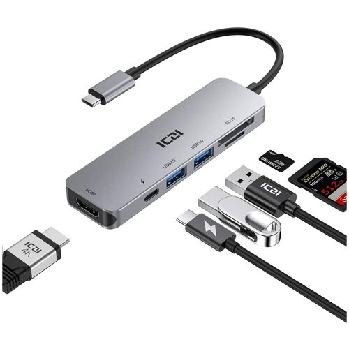 Хаб USB-концентратор ICZI 6 в 1 (PD+HDMI+TF/SD+2xUSB3.0) Multifunctional Type-C Gray высокоскоростной мини usb 2 0 устройство для чтения карт памяти адаптер micro sd tf устройство чтения карт со шнурком plug and play