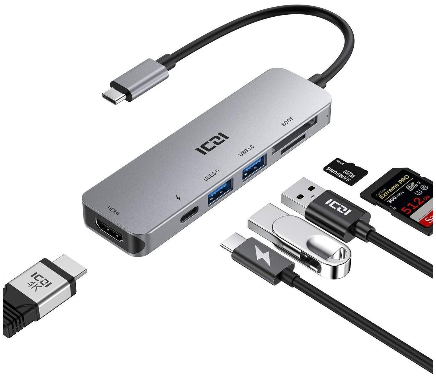 Хаб USB-концентратор ICZI 6 в 1 (PD+HDMI+TF/SD+2xUSB3.0) Multifunctional Type-C Gray