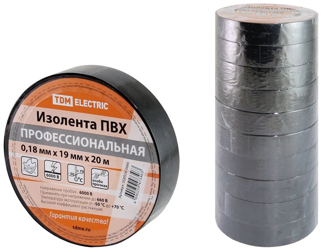 фото TDM Изолента SQ0526-0066 Изолента ПВХ профессиональная 0,18х19мм Черная 20м