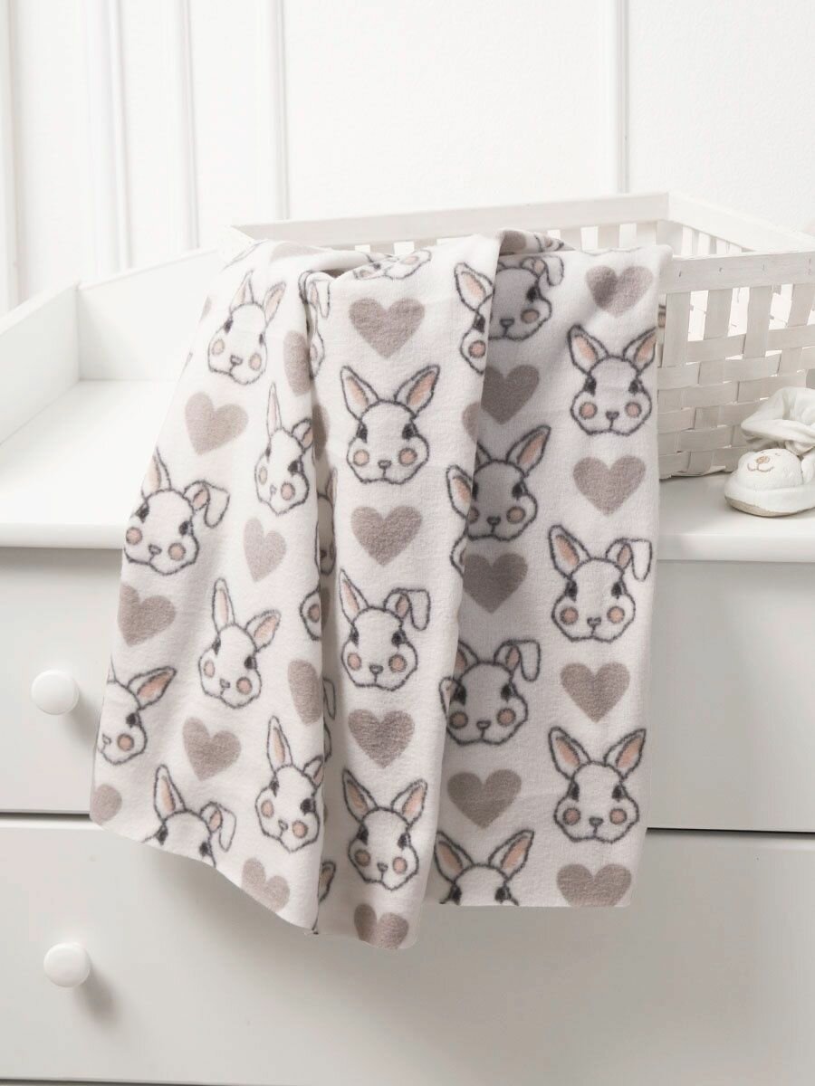 Плед флисовый 100х118 см, для новорожденных в кроватку , коляску, "Любимый кролик ", серый с зайками