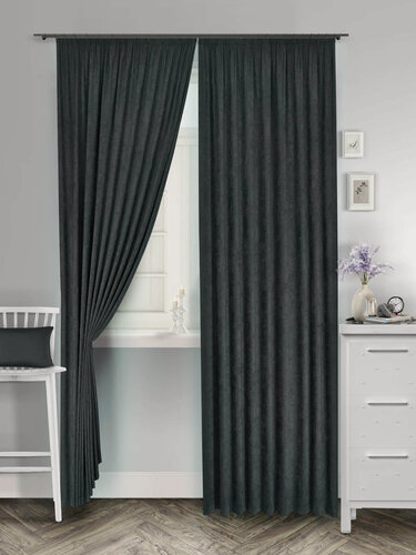 Изображение товара Комплект штор для комнаты Канвас Shtoraland на ленте для крючков, две портьеры для гостиной, спальни, детской. Общий размер 300x270 см, темно-серый