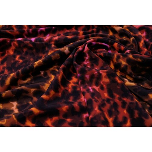 Ткань крепдешин с акварельным принтом леопард оранжево-красный