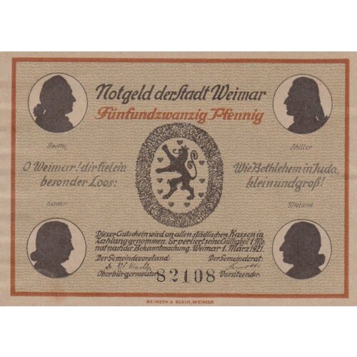 Германия (Веймарская Республика) Веймар 25 пфеннигов 1921 г. (№3) клуб нумизмат монета 6 пфеннигов саксен веймар эйзенаха 1755 года серебро герб