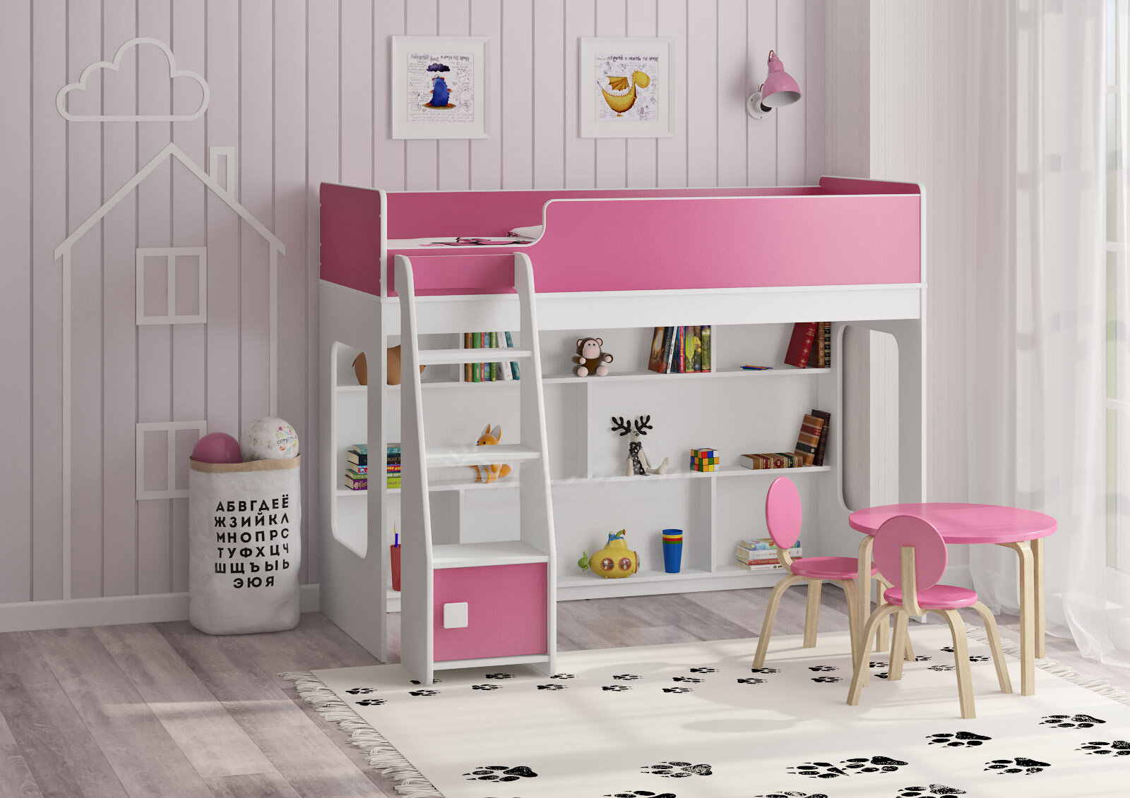 фото Кровать чердак Л-42.3.1 Белый Розовый