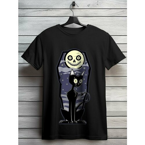 фото Футболка hypnotica футболка унисекс черная из хлопка с dtf принтом хеллоуин черный кот и луна (осень, подарок, helloween) - 9469, размер 2xl, черный