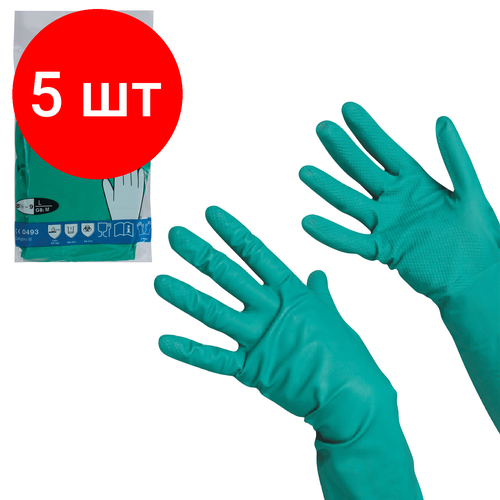 Комплект 5 шт, Перчатки хозяйственные нитриловые VILEDA, универсальные, антиаллергенные, размер L (большой), зеленые, 100802