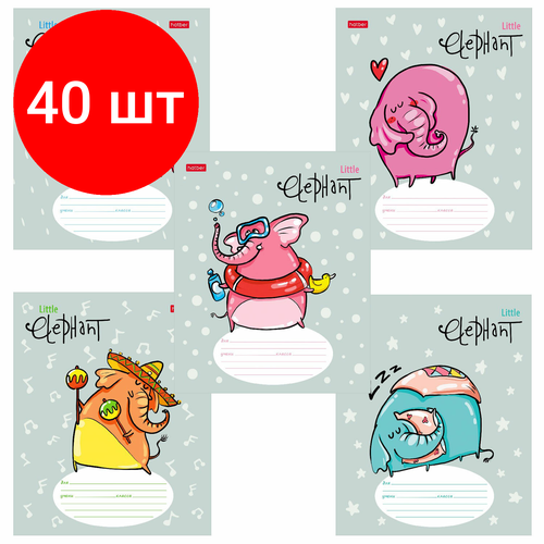 Комплект 40 шт, Тетрадь 12 л. HATBER линия, обложка картон, Little Elephant (5 видов в спайке), 12Т5В2