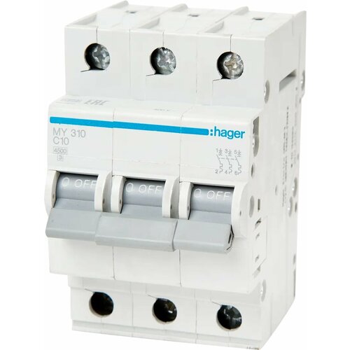 Автоматический выключатель Hager MY310 3P C10 А 4.5 кА автоматический выключатель hager my210 2p n c10 а 4 5 ка