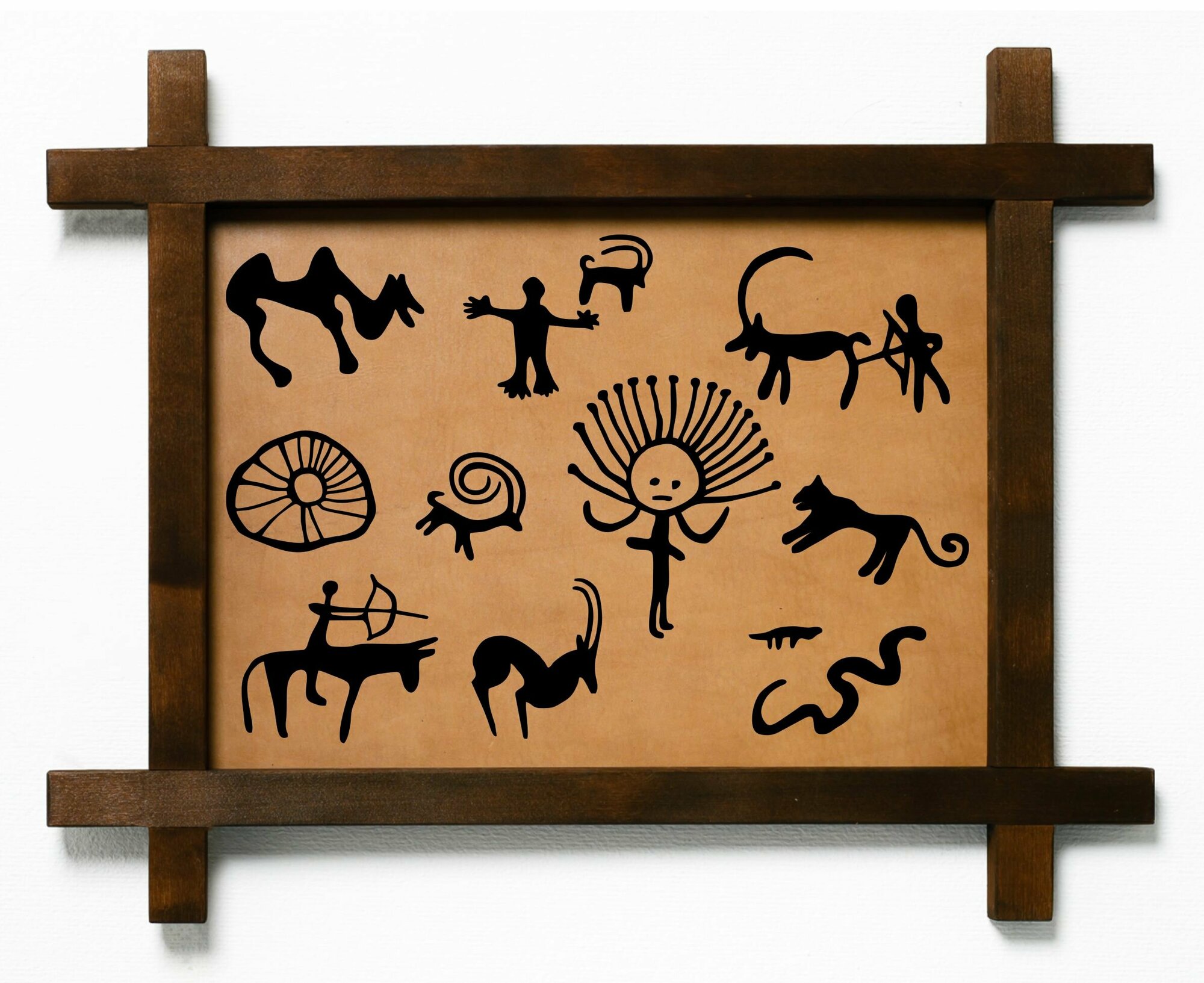 Картина Наскальные рисунки 5, гравировка на натуральной коже, интерьерная для украшения и декора на стену в деревянной раме, подарок, BoomGift