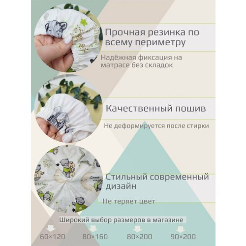 фото Простынь на резинке на матрас "тедди зеленые" 60х120 см, 100% хлопок