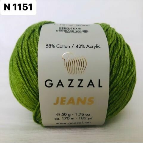 фото Пряжа полухлопок Gazzal Jeans/Газзал Джинс - зеленый N 1151, 1 шт, 58% хлопок, 42% акрил, 170м/50гр, для вязания игрушек, одежды и сумок