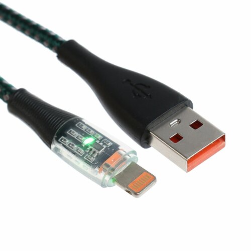 Кабель, 2 А, Lightning - USB, прозрачный, оплётка нейлон, 1 м, зелёный (1шт.)