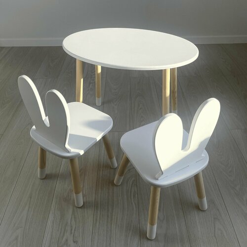 Детский стол овал белый и два стула зайка белый