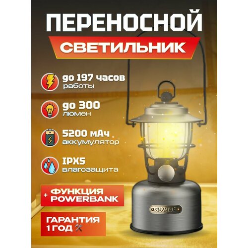 Ретро - светильник портативный многофункциональный Sunree Wraith Multifunctional Retro Lamp 300 лм, 2000.2700K, 5200мАч, , до 196(!) часов работы без подзарядки, функция Power Bank, плавная регулировка яркости, IPX5 (Wraith) серебристый