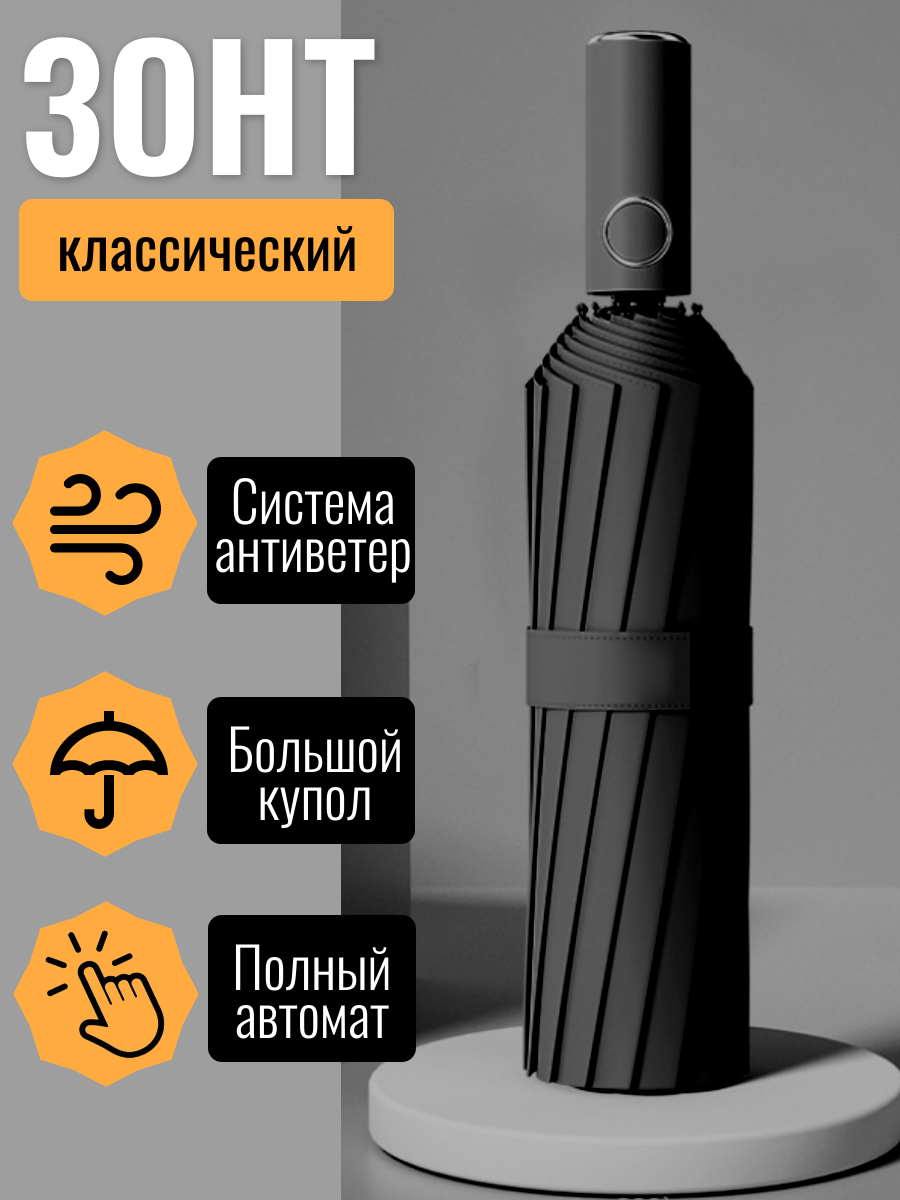 фото Зонт автомат черный антиветер