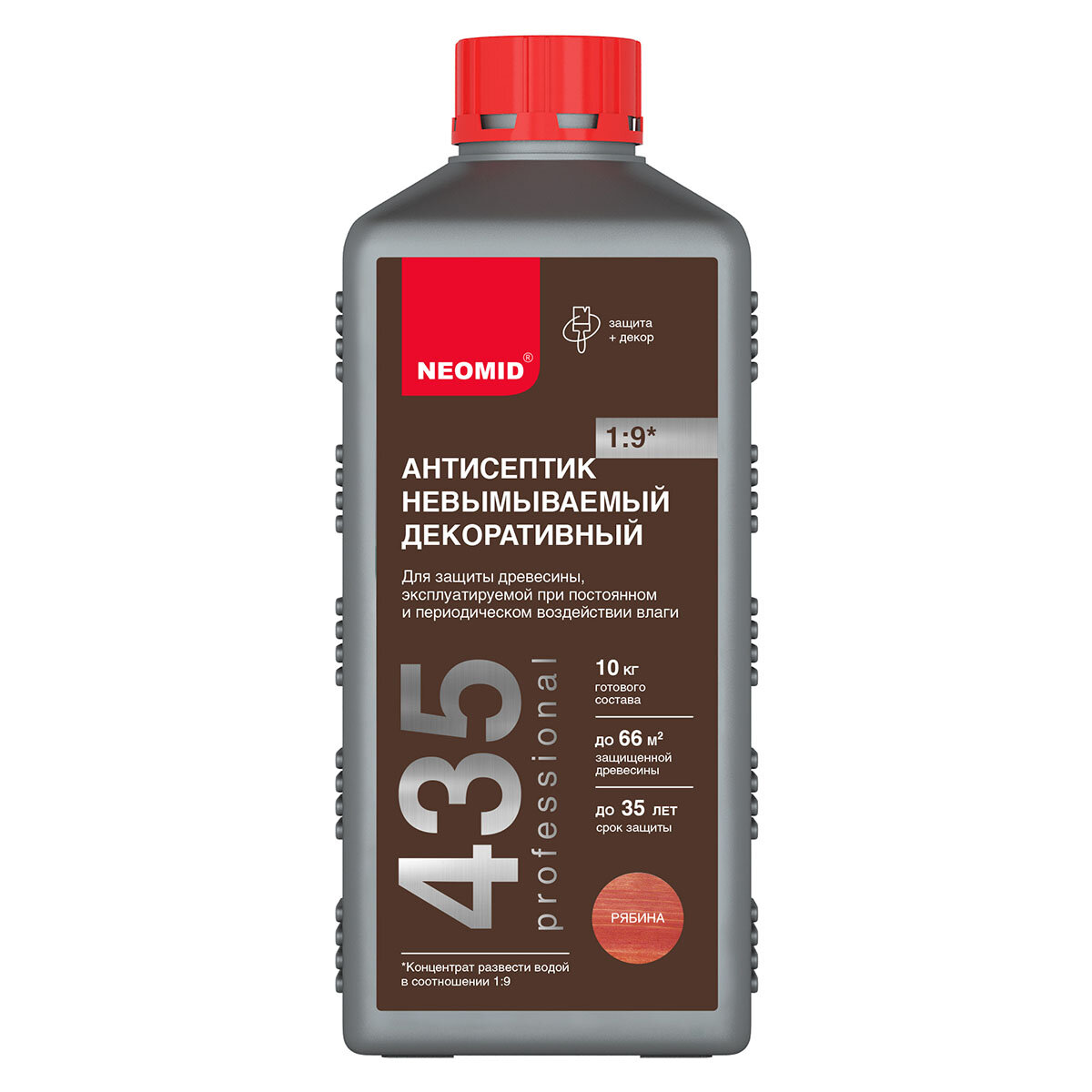 фото NEOMID 435 Антисептик невымываемый декоративный, защита до 35 лет, концентрат 1:9, рябина (1л)