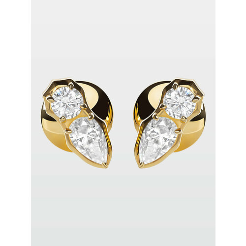 Серьги пусеты KAPLI jewelry, серебро, 925 проба, золочение, муассанит, белый/золотистый