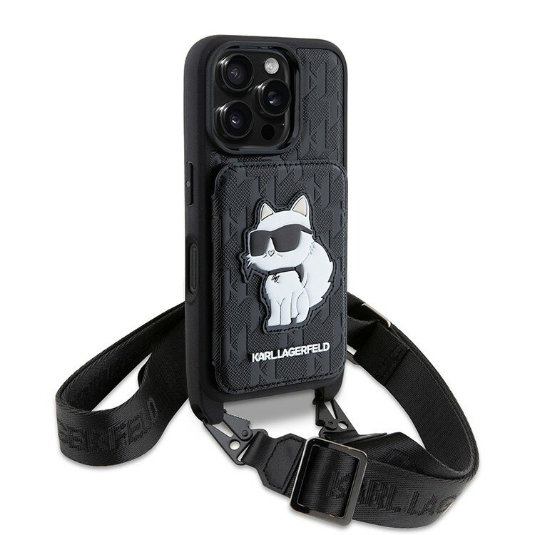 Karl Lagerfeld чехол с ремешком для iPhone 16 Pro Max, с карманом для карт, экокожа Saffiano, Monogram NFT Choupette