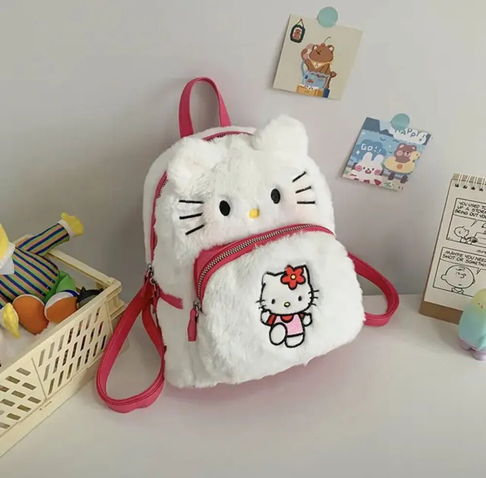 Рюкзак мягкий плюшевый Hello Kitty для девочек, белый с розовыми лямками, мех