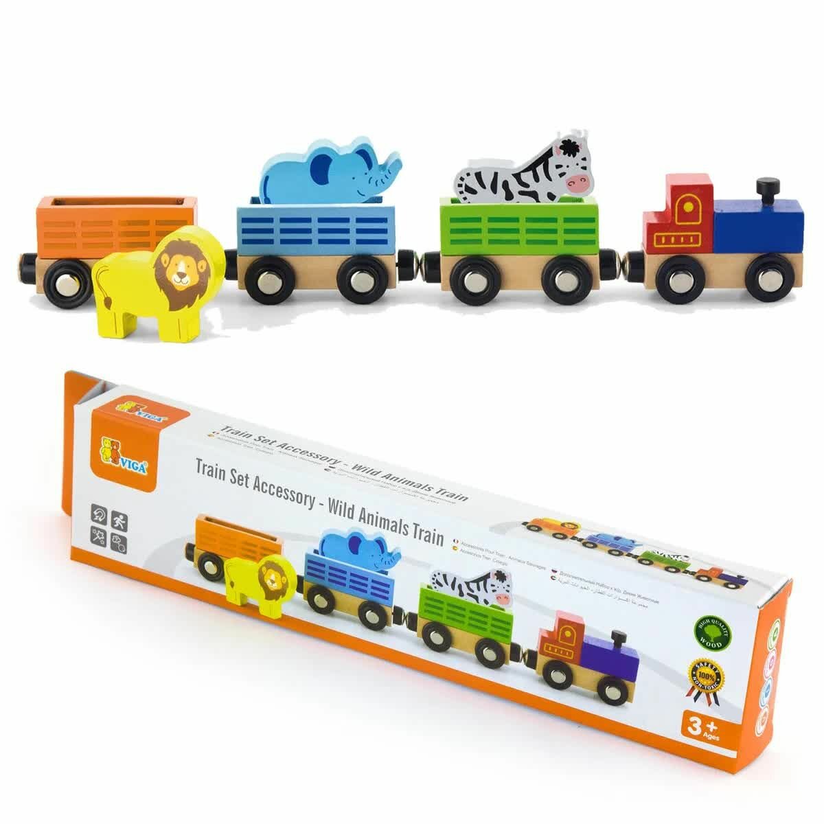 Поезд VIGA Дерево, с животными, в коробке