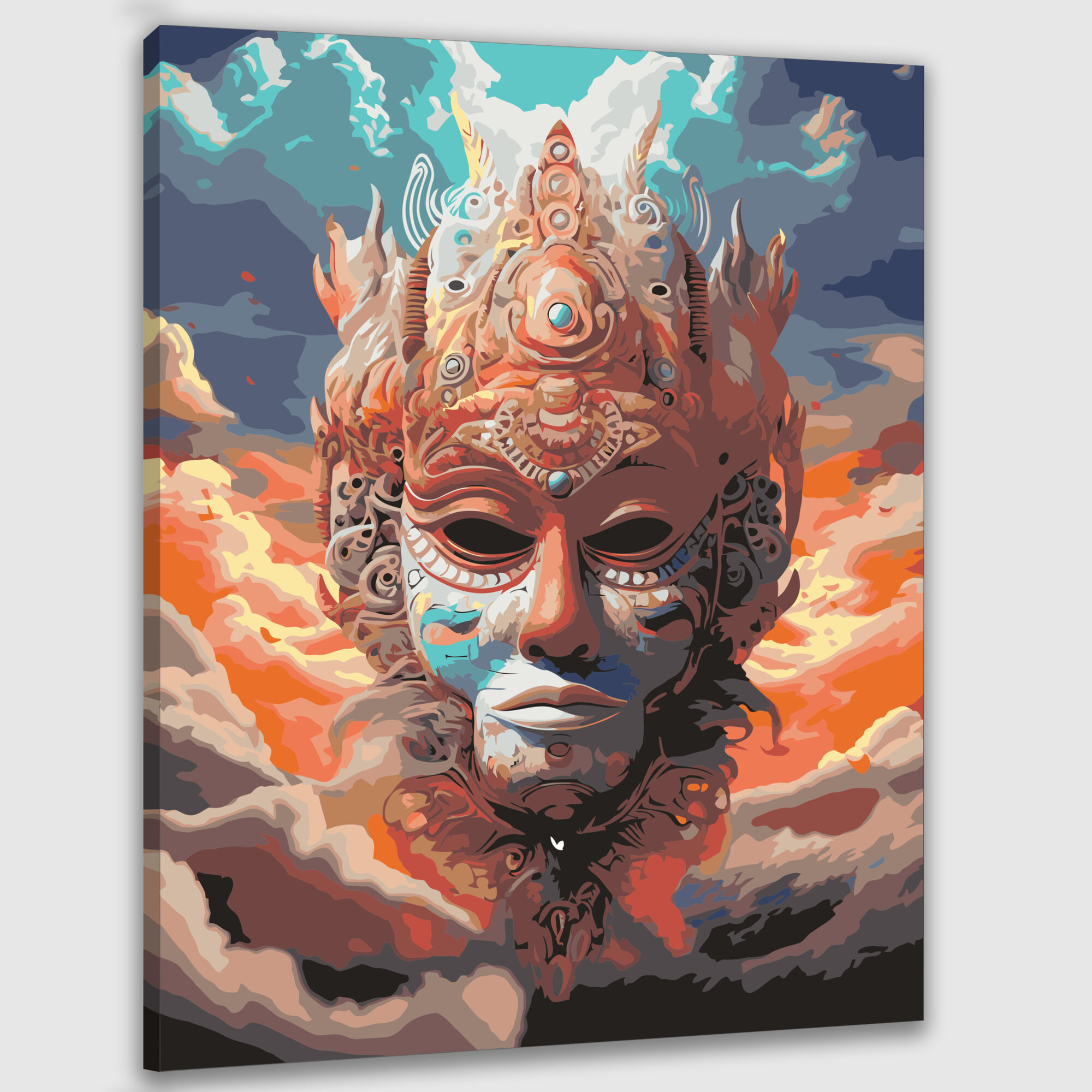 Картина по номерам 40x50 см, шаманская маска, сюрреализм, цифровой коллаж, сказочный пейзаж, небесные элементы