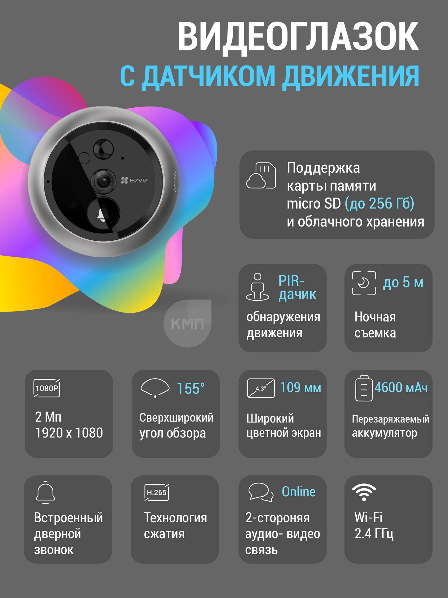 Ezviz дверной WiFi видеоглазок с экраном DP2C FullHD с двусторонней связью и записью на карту памяти — фото 1